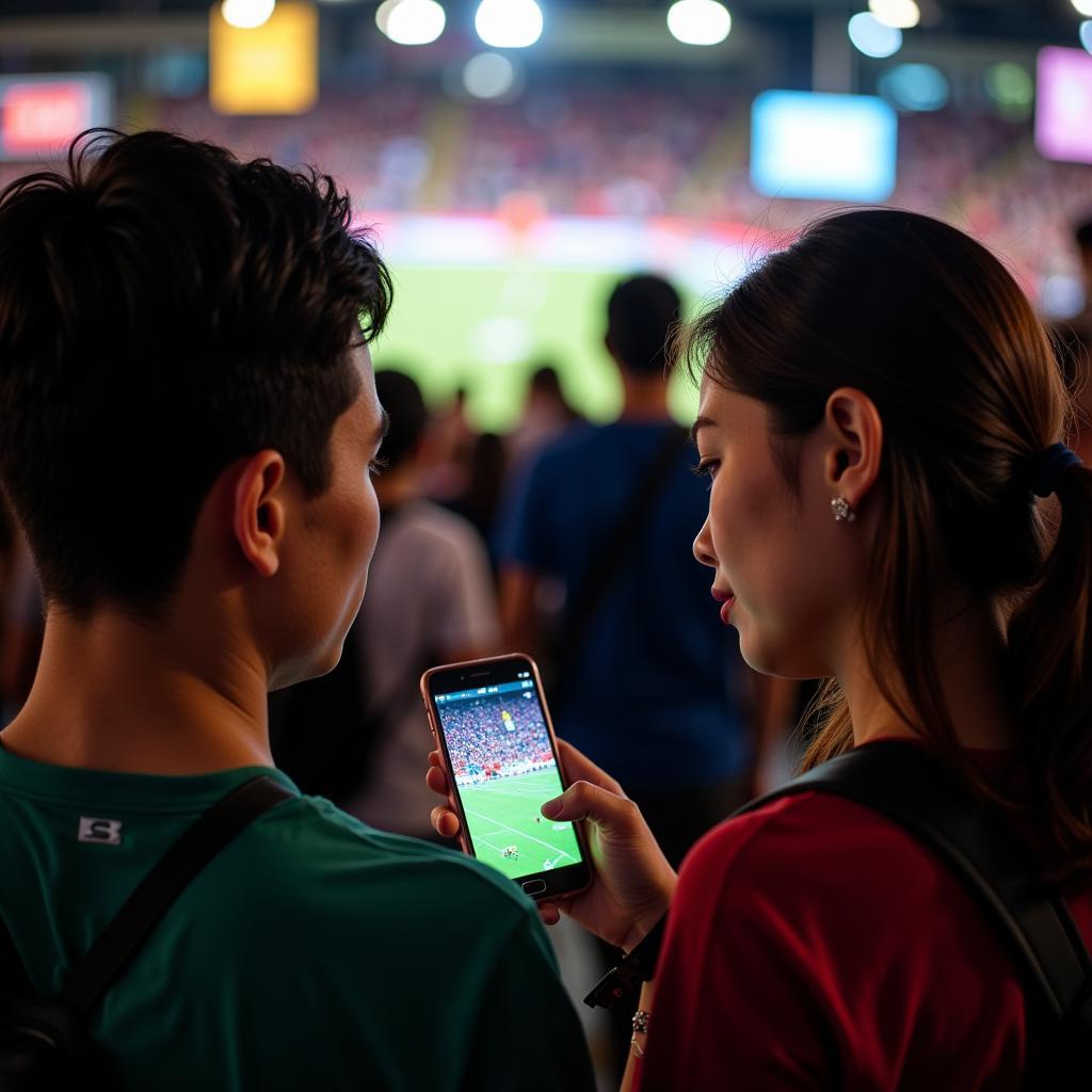 Fans checking the American football schedule in Bangkok on their phone