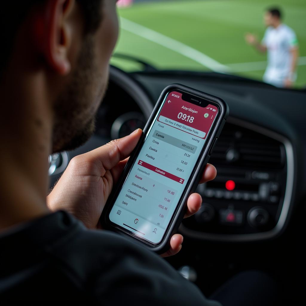 A person using a smartphone to check Azerbaijani football scores.