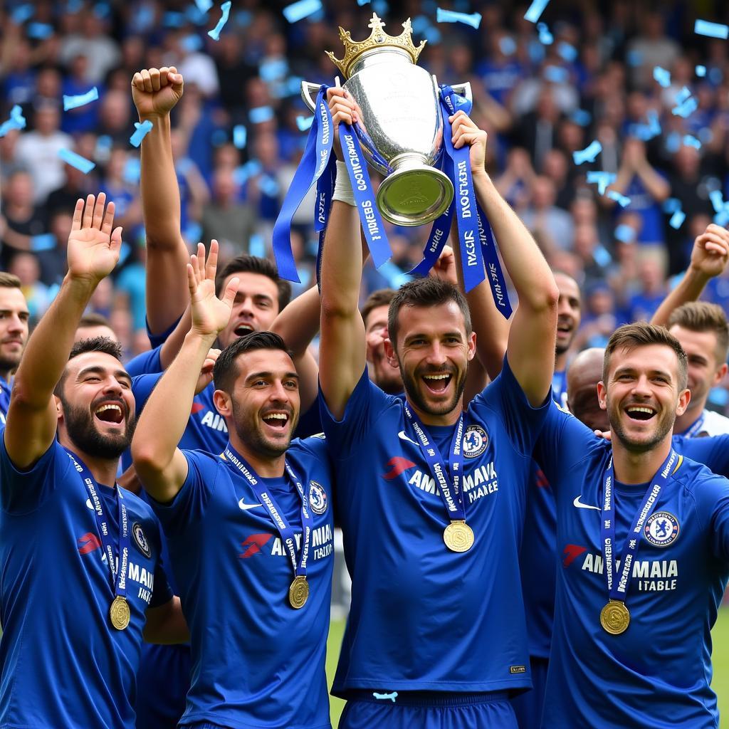 Chelsea players celebrating their BPL title win