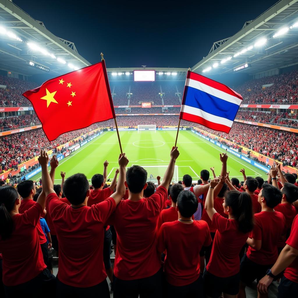 China and Thailand football fans cheering during a live match.