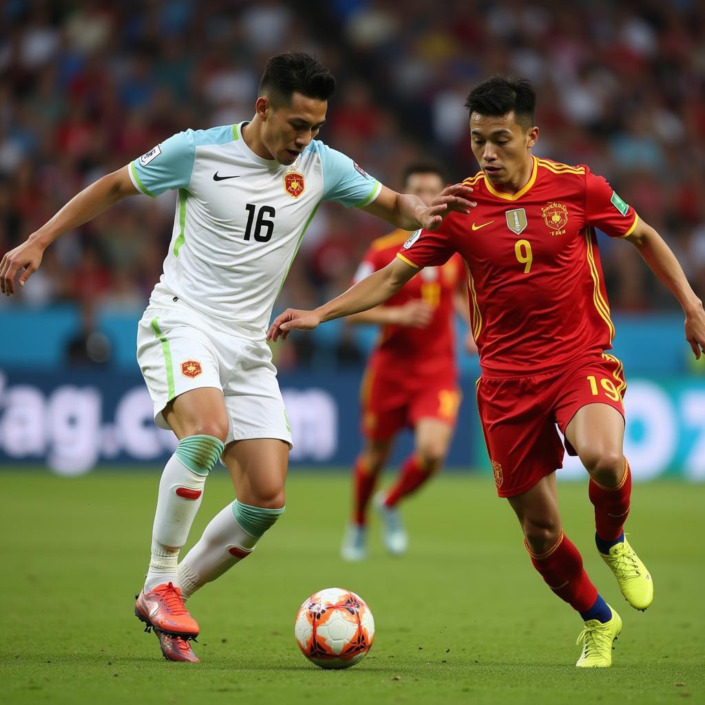 Chinese and Thai players competing fiercely for the ball.