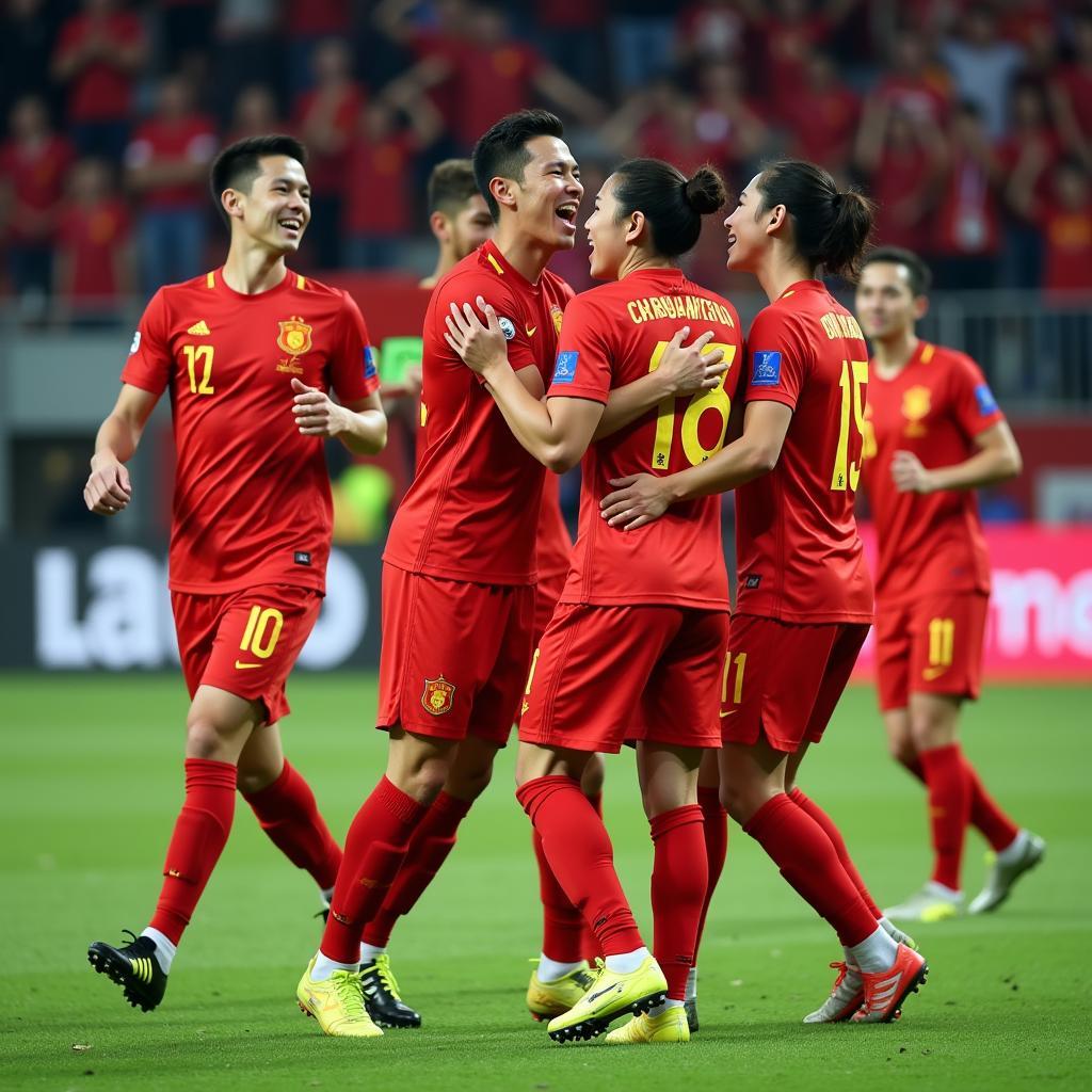 Chinese football players celebrating a goal.