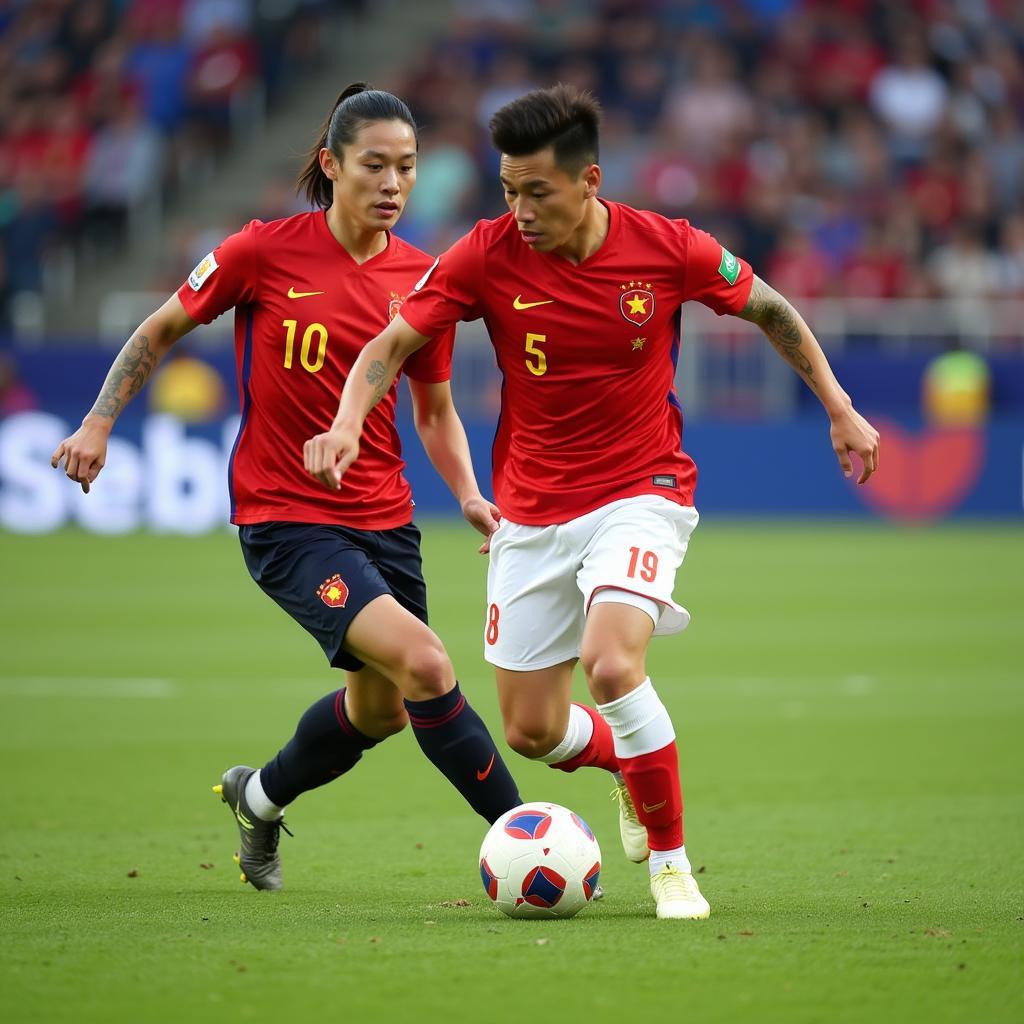 A Chinese football player dribbling the ball during a match.