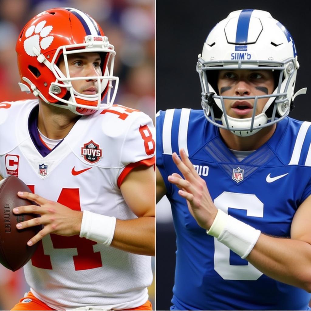 Clemson and Duke Offensive Firepower: A split image showing the star quarterbacks of both teams preparing to throw a pass, highlighting their offensive capabilities.