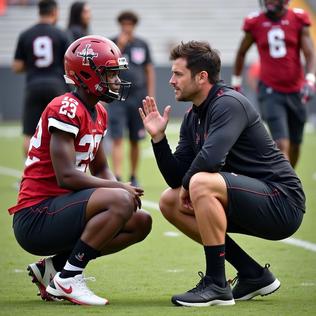 A coach talking to a young football player, offering guidance and support