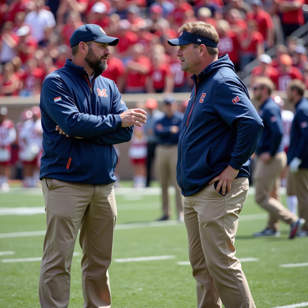 College Football Coach Discussing Strategy on the Sidelines