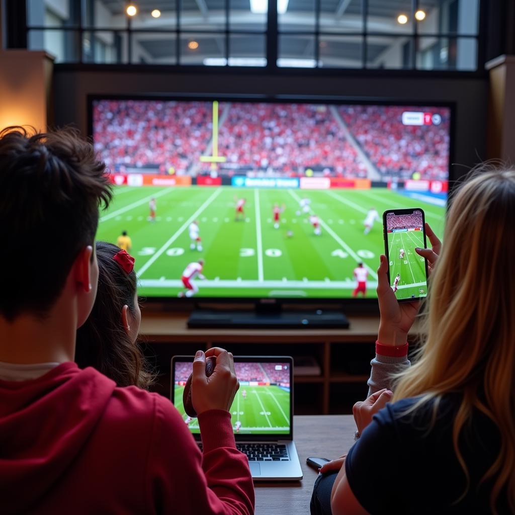 College Football Fans Watching on TV, Laptop, and Phone