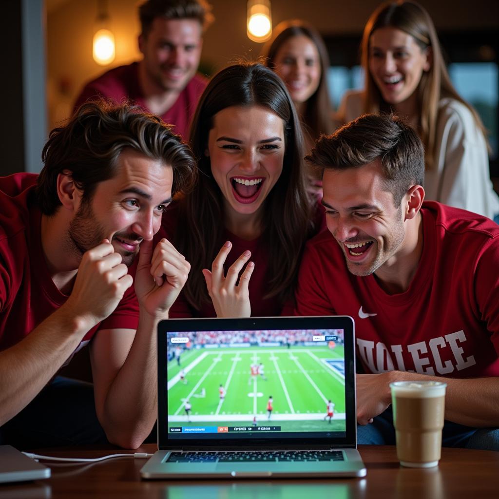 College football fans engrossed in watching a game online via live streaming.