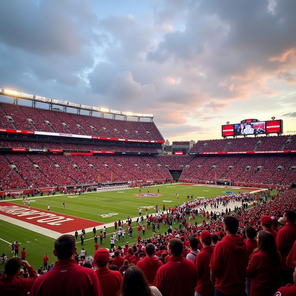 College football game with fans cheering in the stands