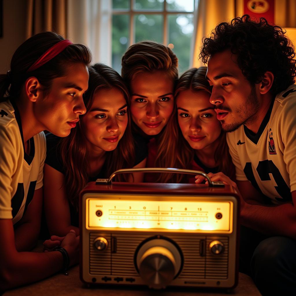 College Football National Championship Live Radio Broadcast: Fans gathered around a radio, listening intently to the game.