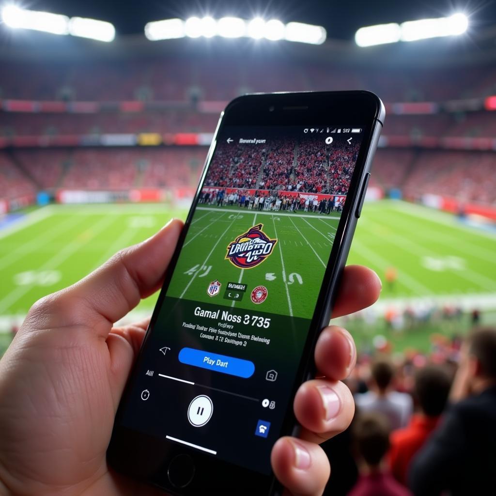 College Football Radio App Streaming: A smartphone displays a college football game being streamed live on a radio app.