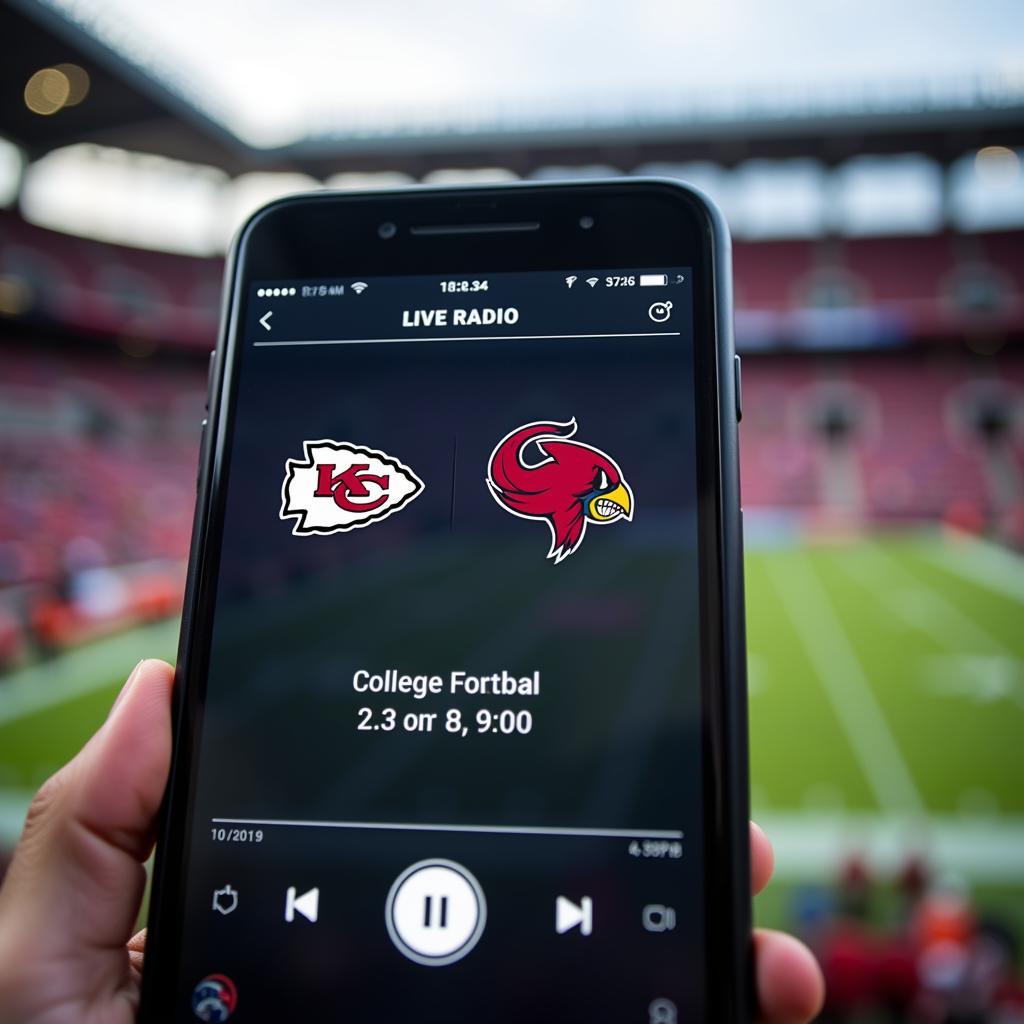 College Football Radio Broadcast Online Streaming: Person listening to the game on their smartphone.