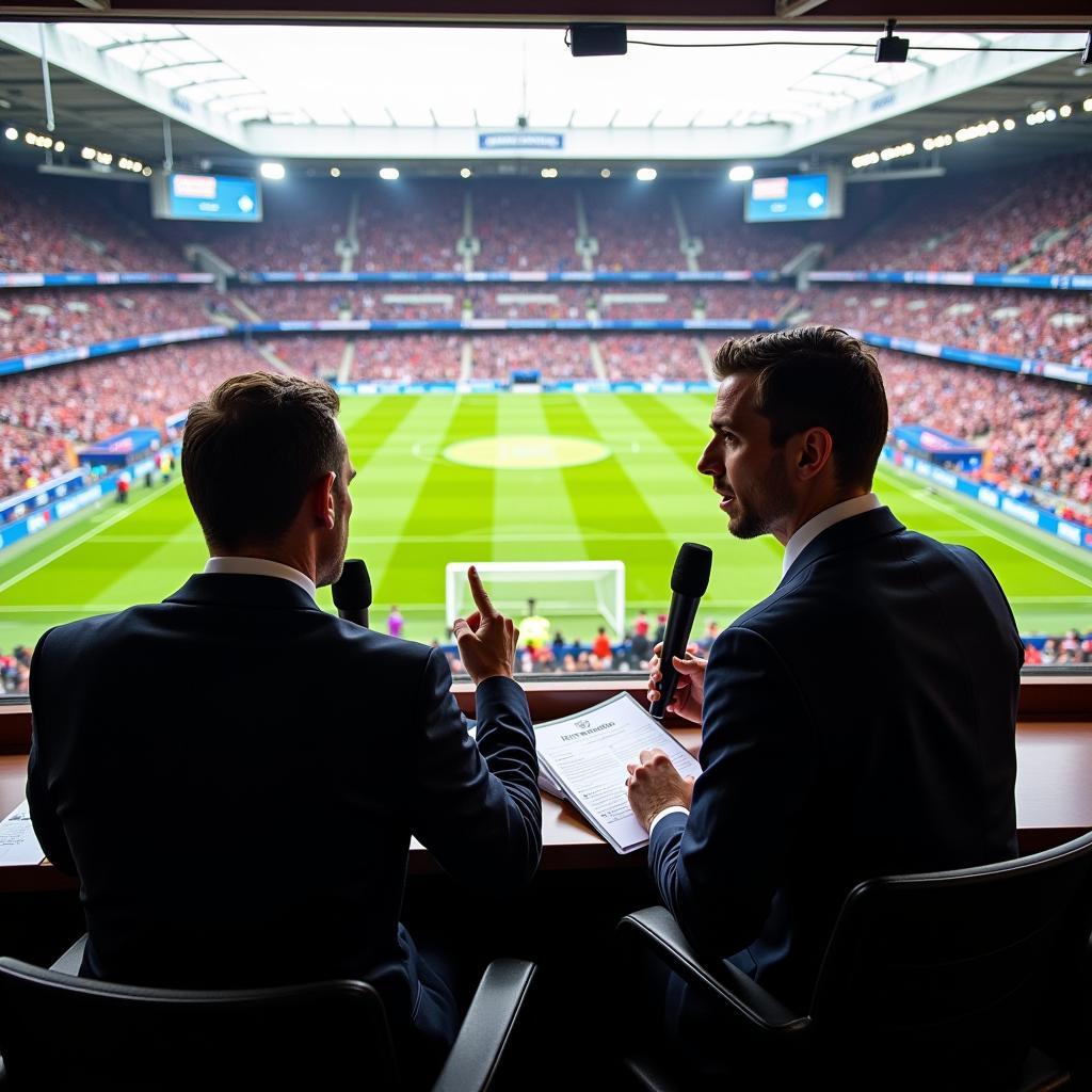 College Football Radio Commentators Broadcasting: Two commentators sit in a broadcast booth, microphones in front of them, overlooking a football field.