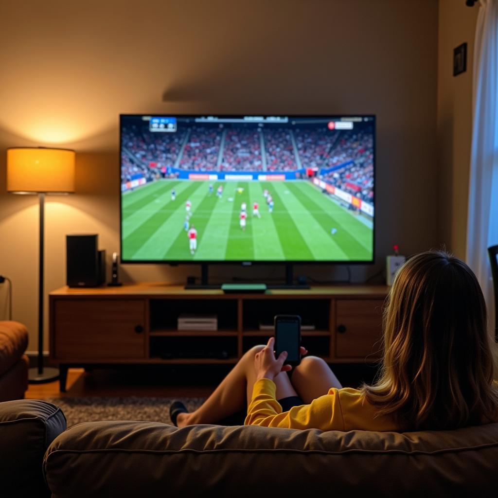 Colorado football fan enjoying a live stream on a large screen TV