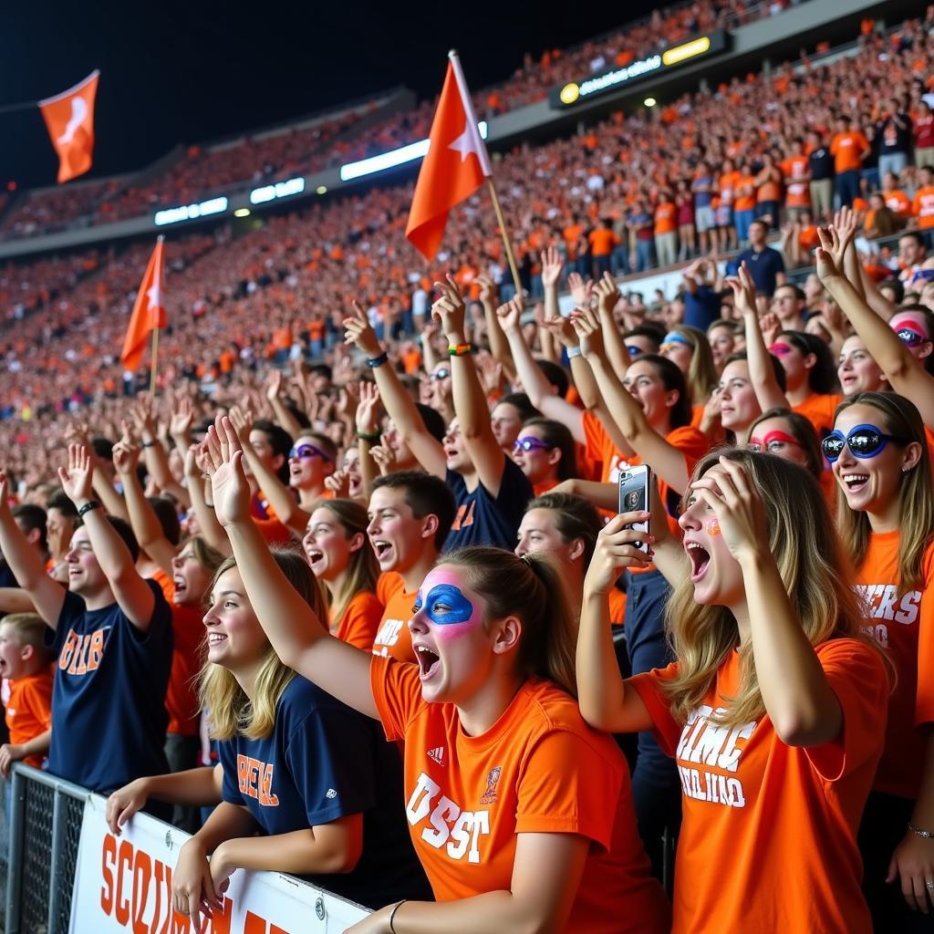 Columbus East High School football fans cheering enthusiastically in the stands during a live game.