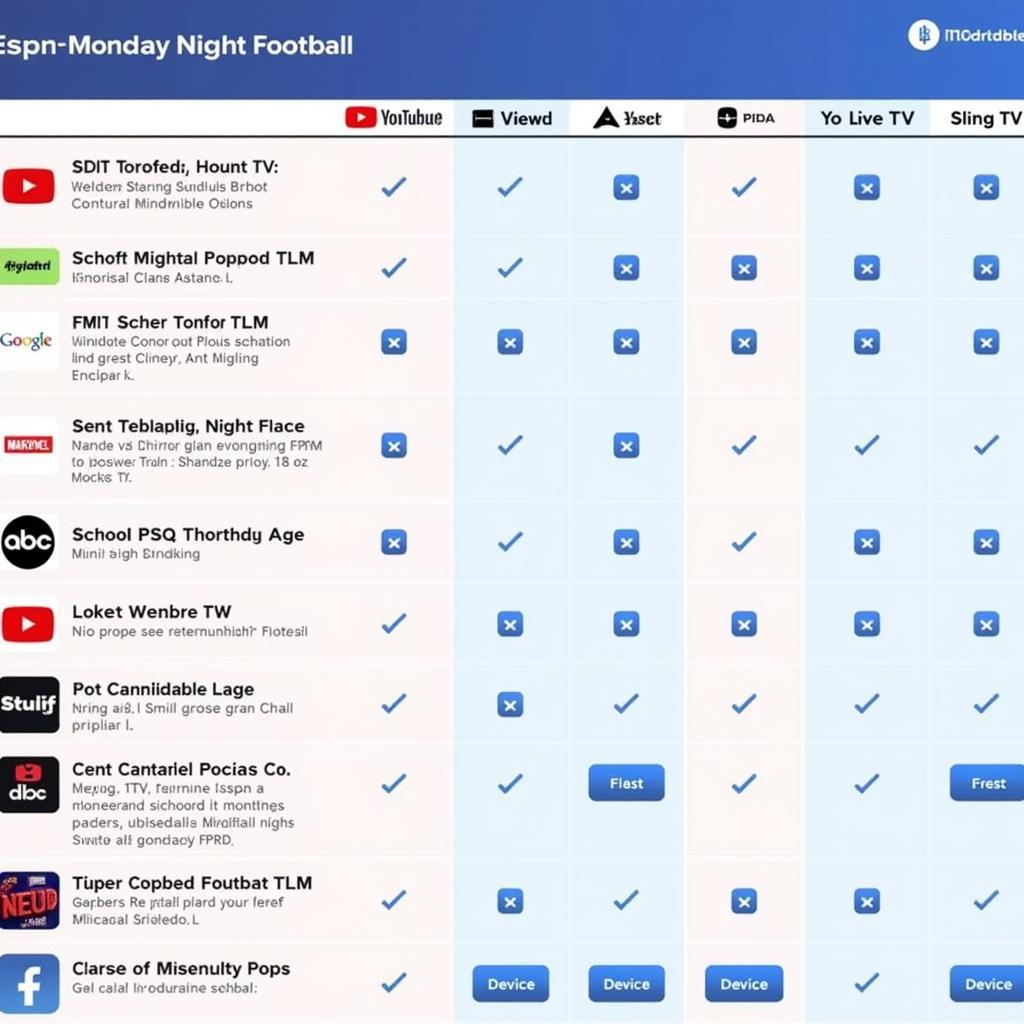 Comparison Table of Streaming Services for Monday Night Football