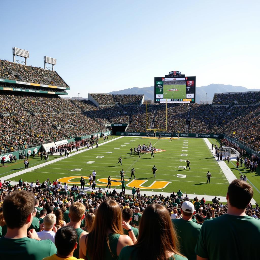 CSU Rams football game live action: Fans cheering in the stands during a thrilling rivalry match.