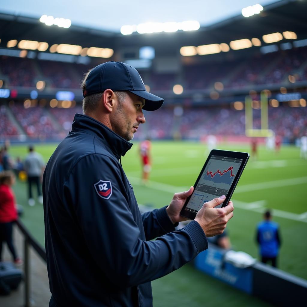 D2 Football Coach Analyzing Live Stats on a Tablet