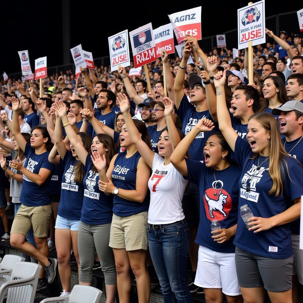 Denton Guyer football fans cheering enthusiastically in the stadium stands.