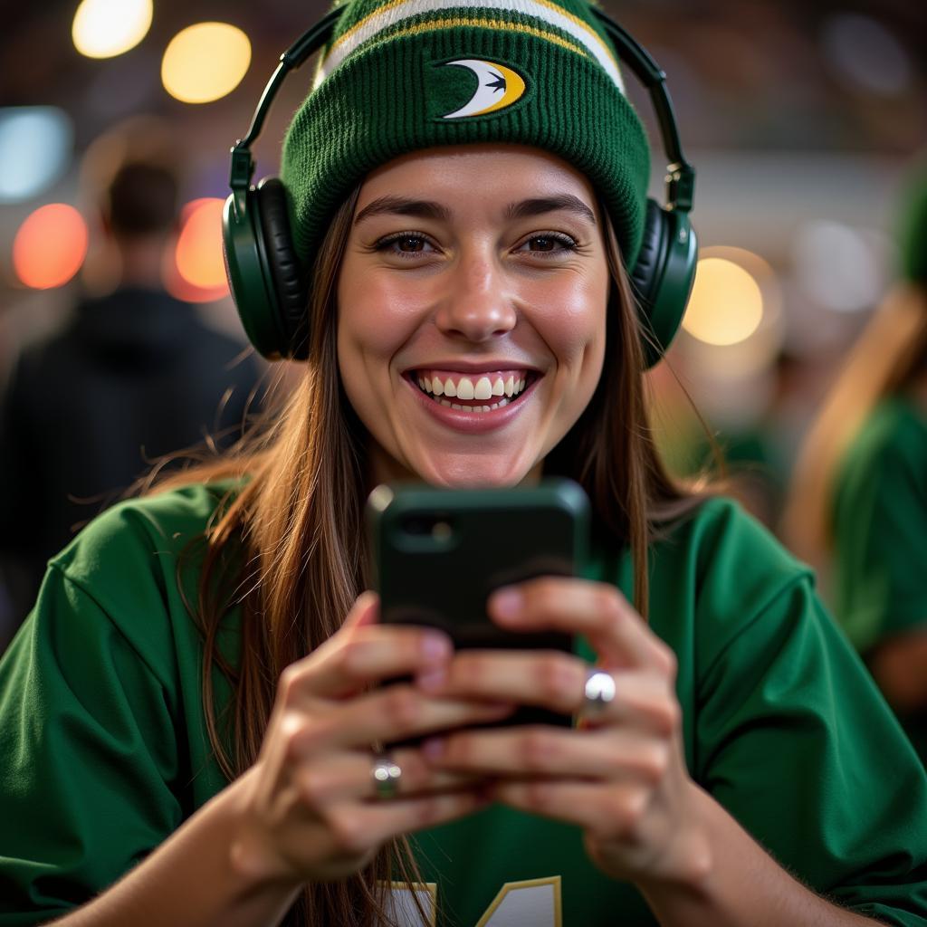 Ducks Football Fan Listening on Phone