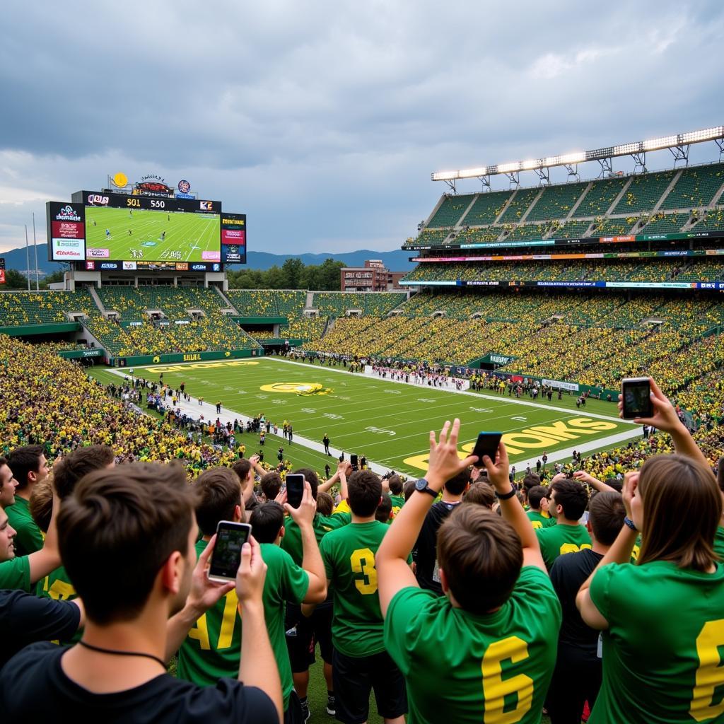 Oregon Ducks football fans checking the live score at Autzen Stadium on their phones.