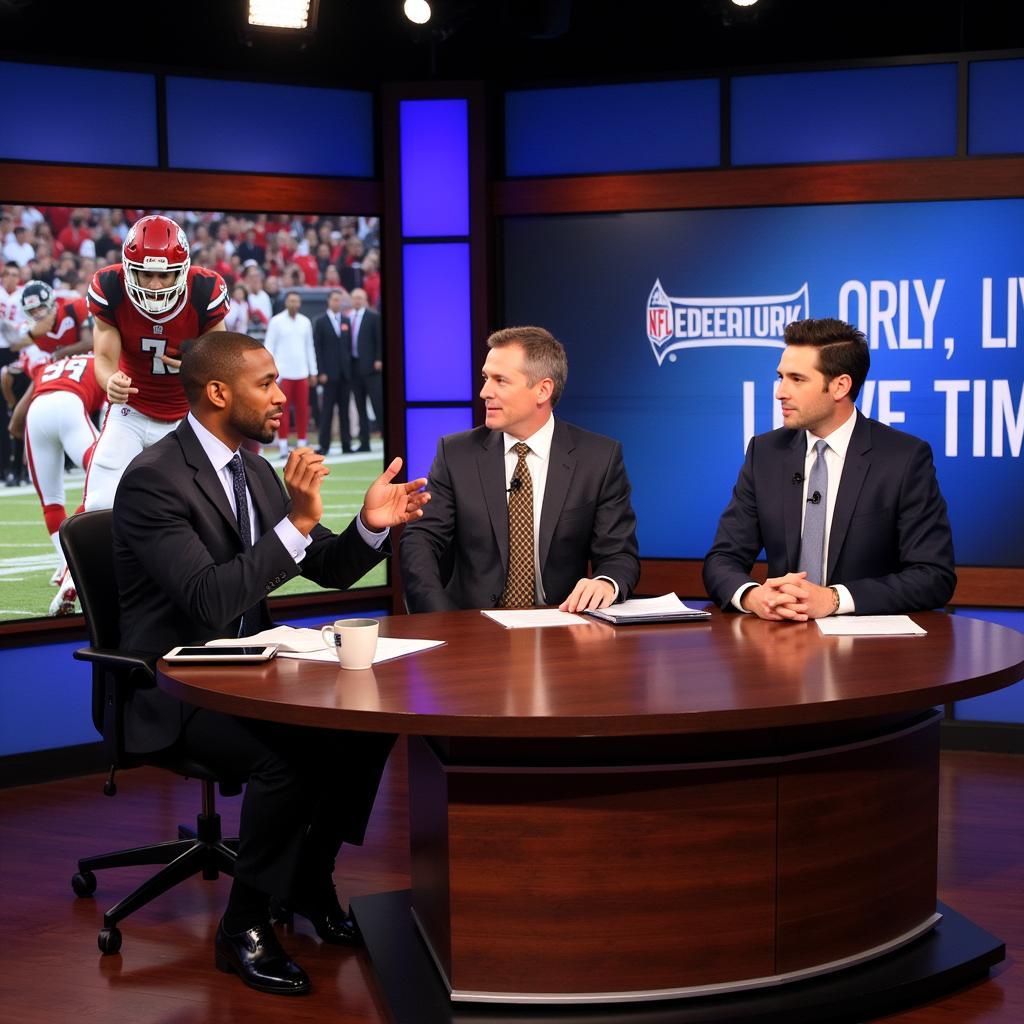 ESPN College Football Live Weekday Show Hosts: Rece Davis, David Pollack, and Jesse Palmer discussing game strategies.