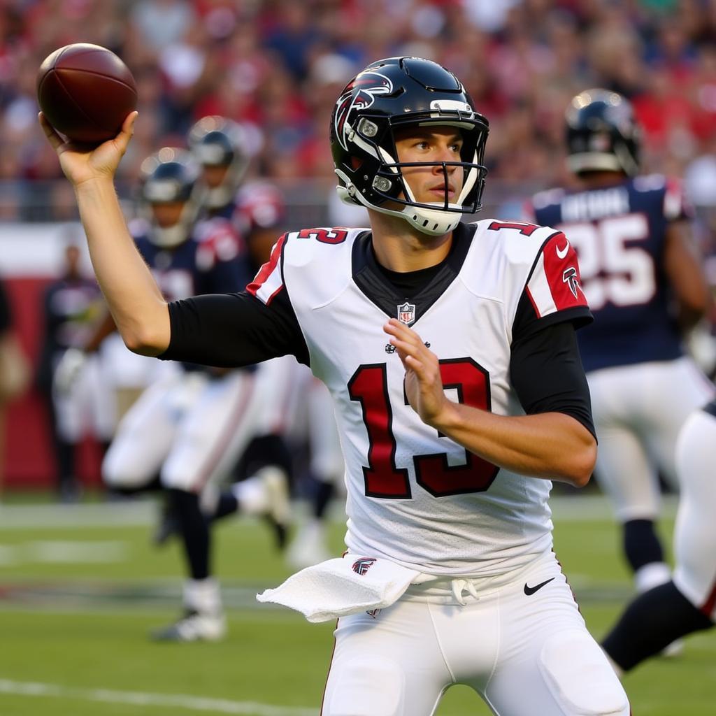 Falcons quarterback throwing a pass during a live NFL game