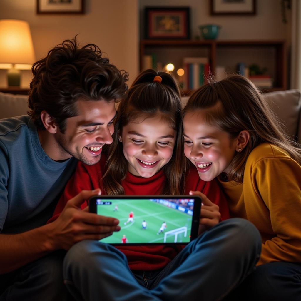 Family watching football on a tablet