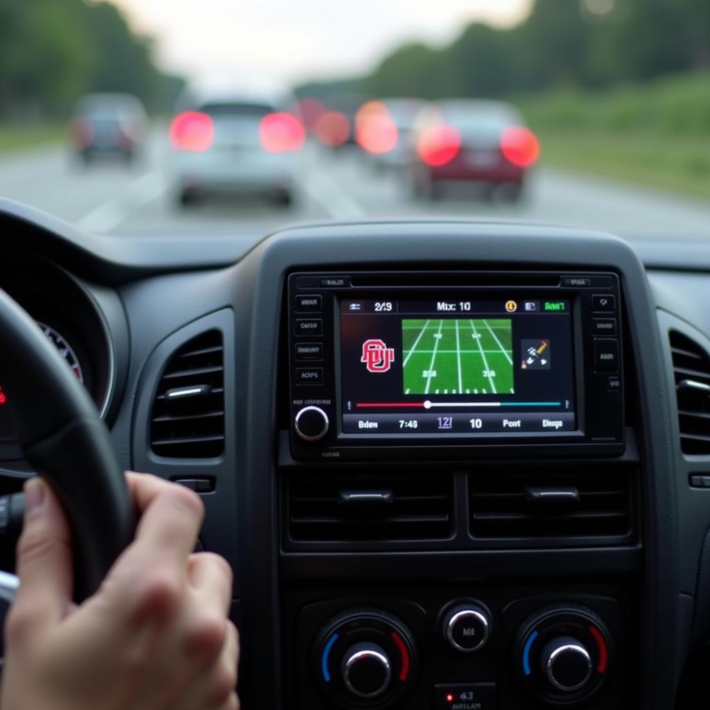 Fan Listening to College Football Radio in Car: A person is driving a car while listening to a college football game on the radio.