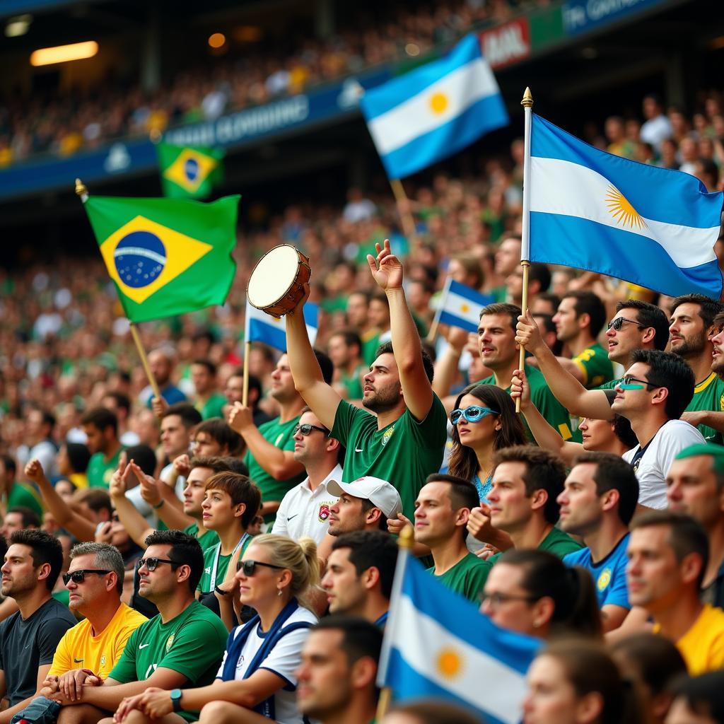 Passionate fans at a Brazil vs Argentina match.