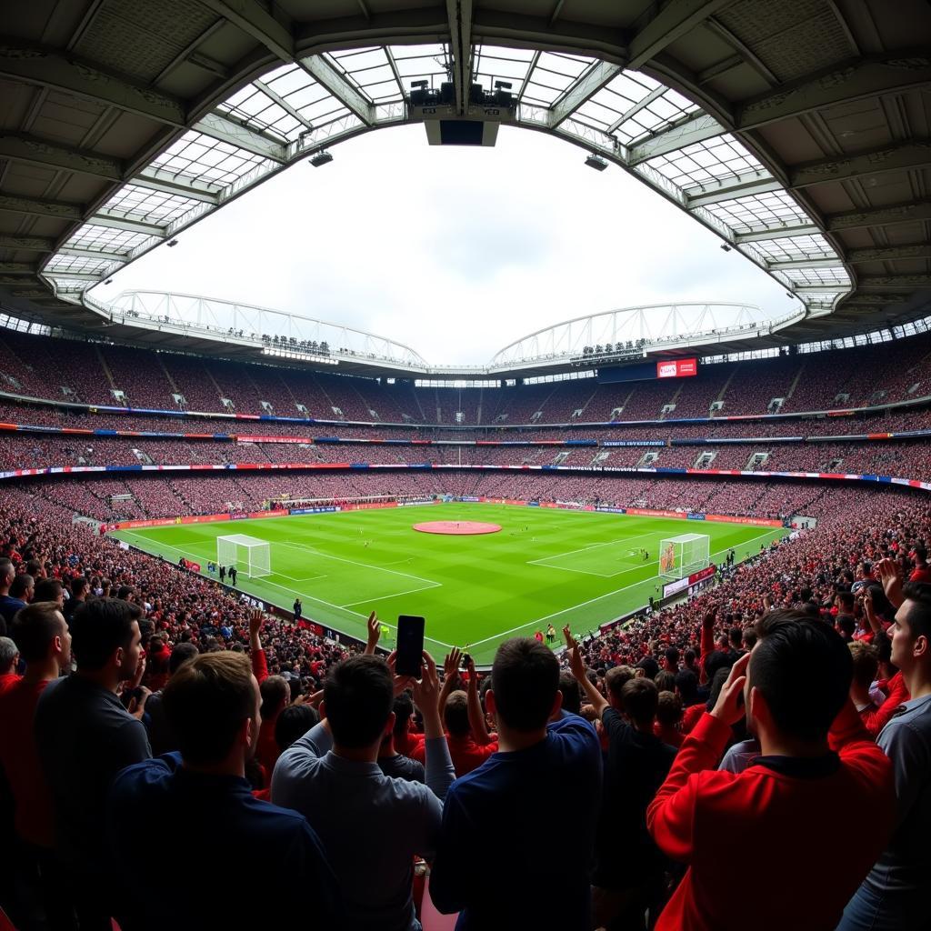 Fans Checking European Football Live Scores on Their Phones in Stadium