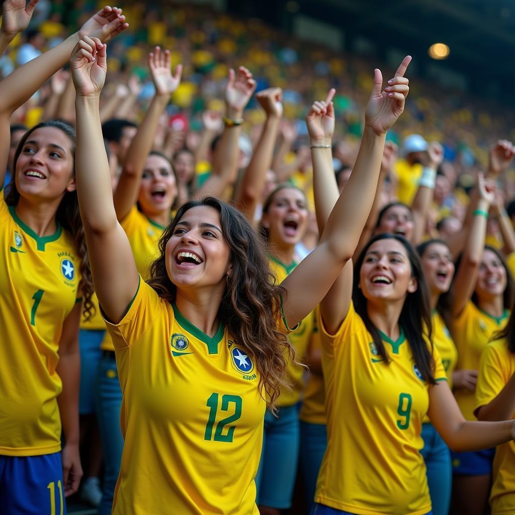 Fans cheering at a Brazilian women's football match