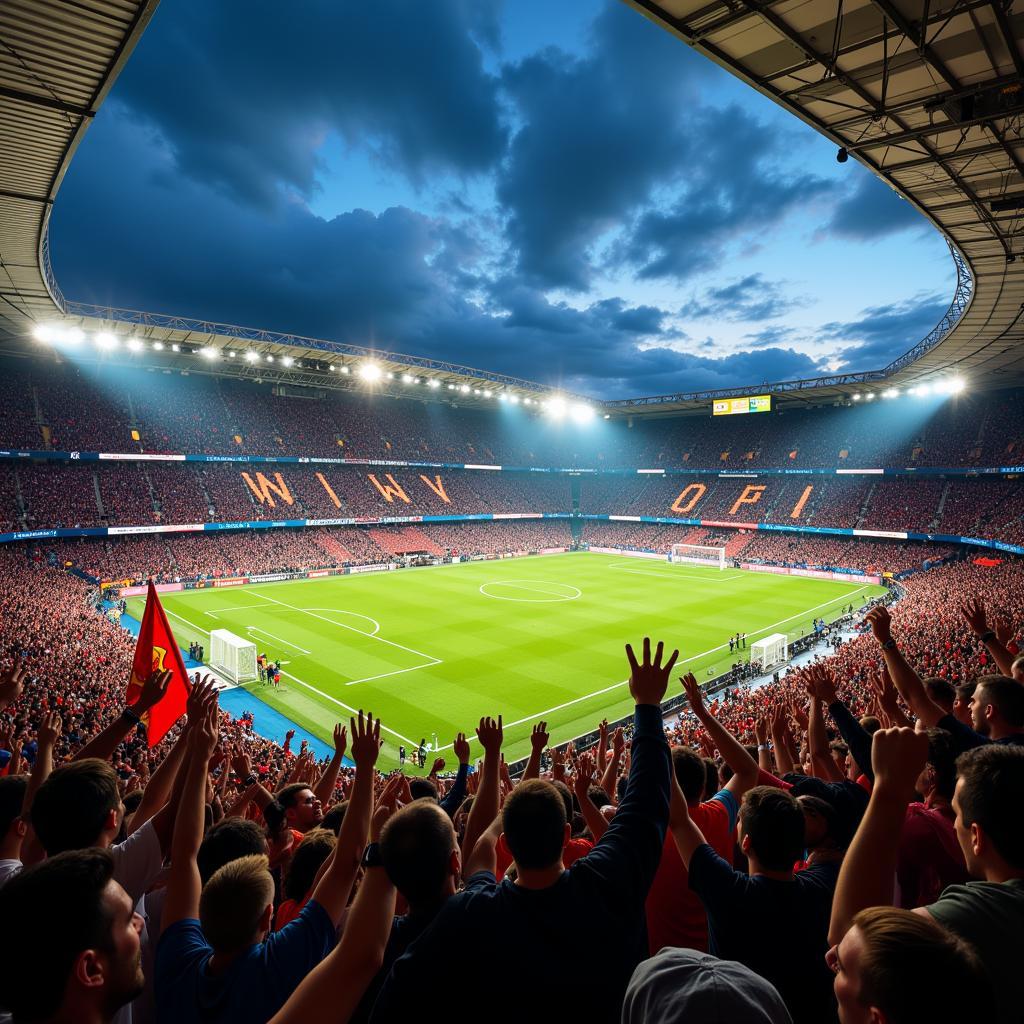 Fans cheering in a packed football stadium