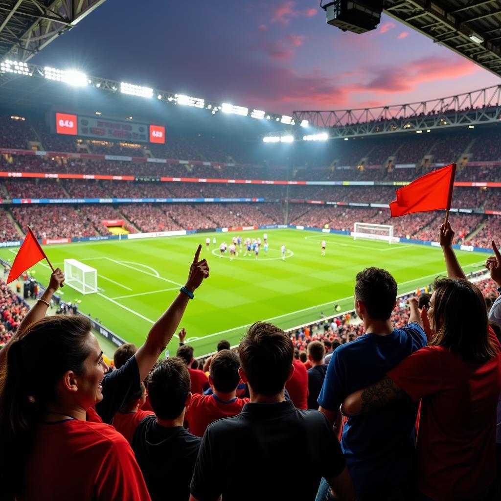 Fans cheering at a packed football stadium during a live match