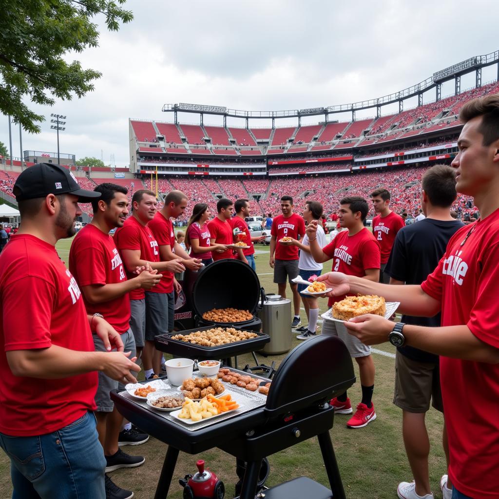 Fans tailgating before a Buckeyes live football game.