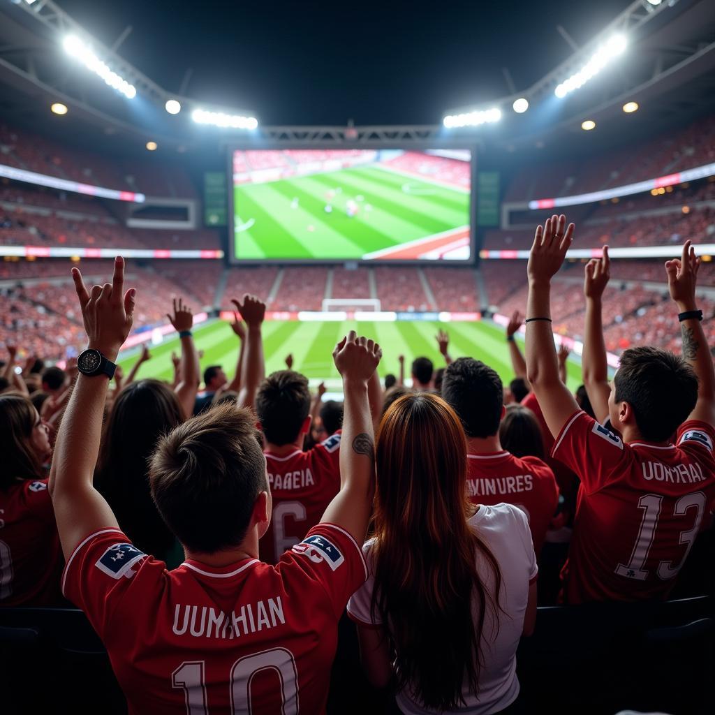 Football fans engrossed in watching an Asia Football 2019 match live.