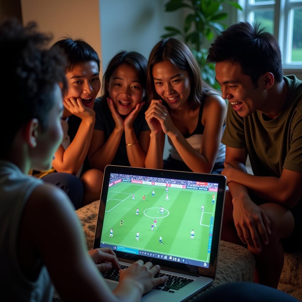 Fans gathering to watch a Fiji football match via live stream.