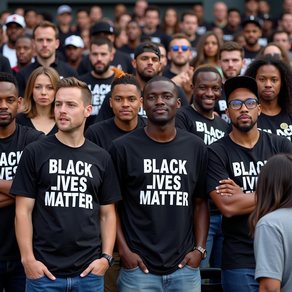 Fans wearing Black Lives Matter football shirts in a stadium