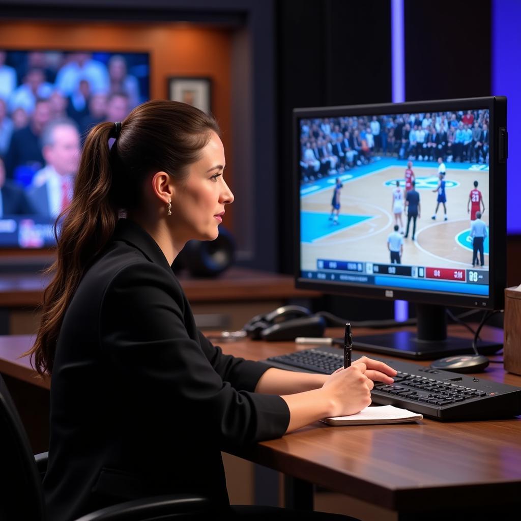 Female sports broadcaster analyzing game footage in a studio