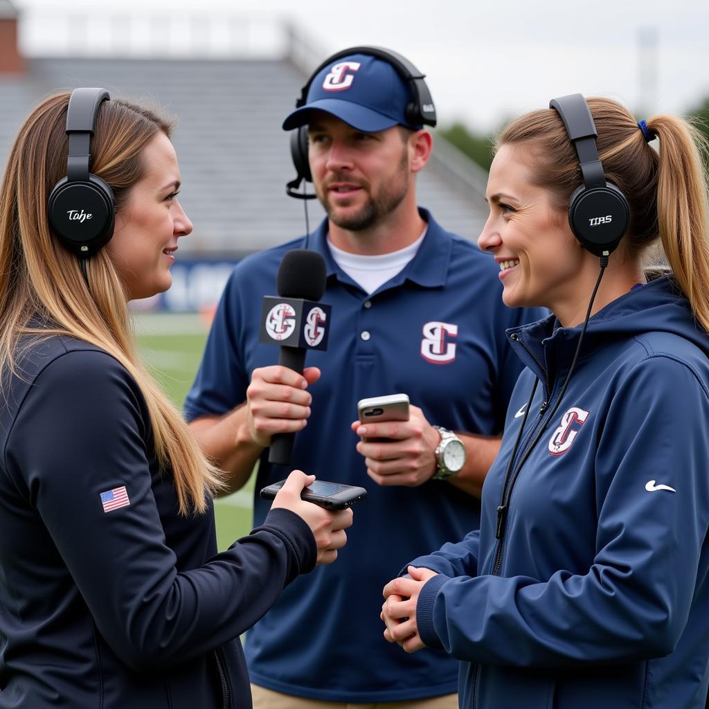 Female sports broadcasters interviewing a football coach