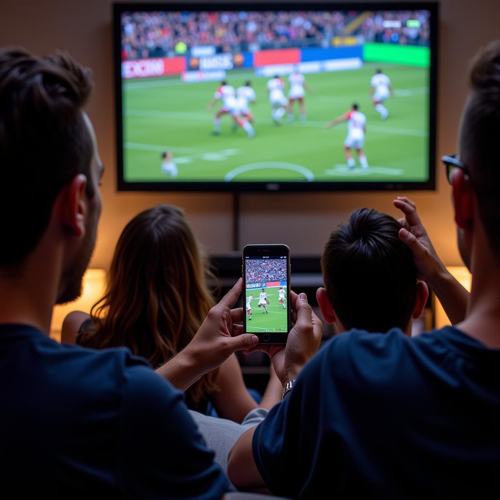 Fans watching the Fertile-Beltrami Falcons football game live stream on their devices.