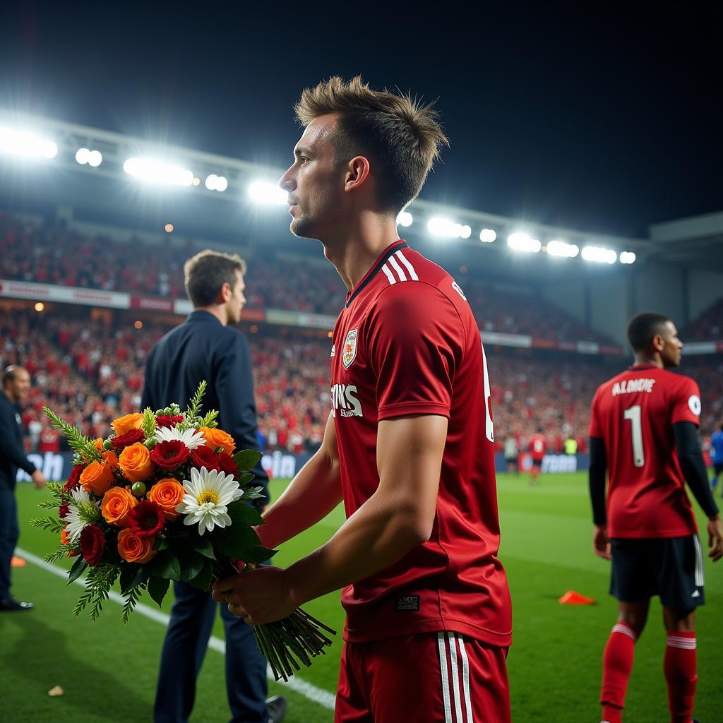 Flowers presented at a football stadium after a victorious match