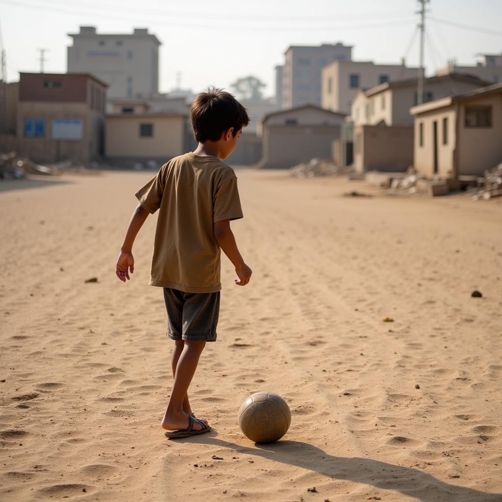 Young boy practicing football in a rundown field with limited equipment