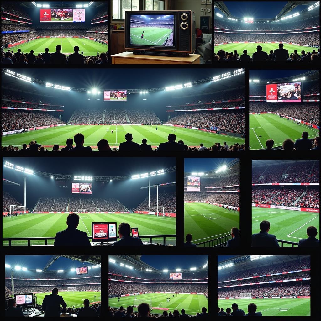 Evolution of Football Broadcasting Technology: A collage showcasing the different ways football has been broadcast over the years, from radio to modern streaming platforms.