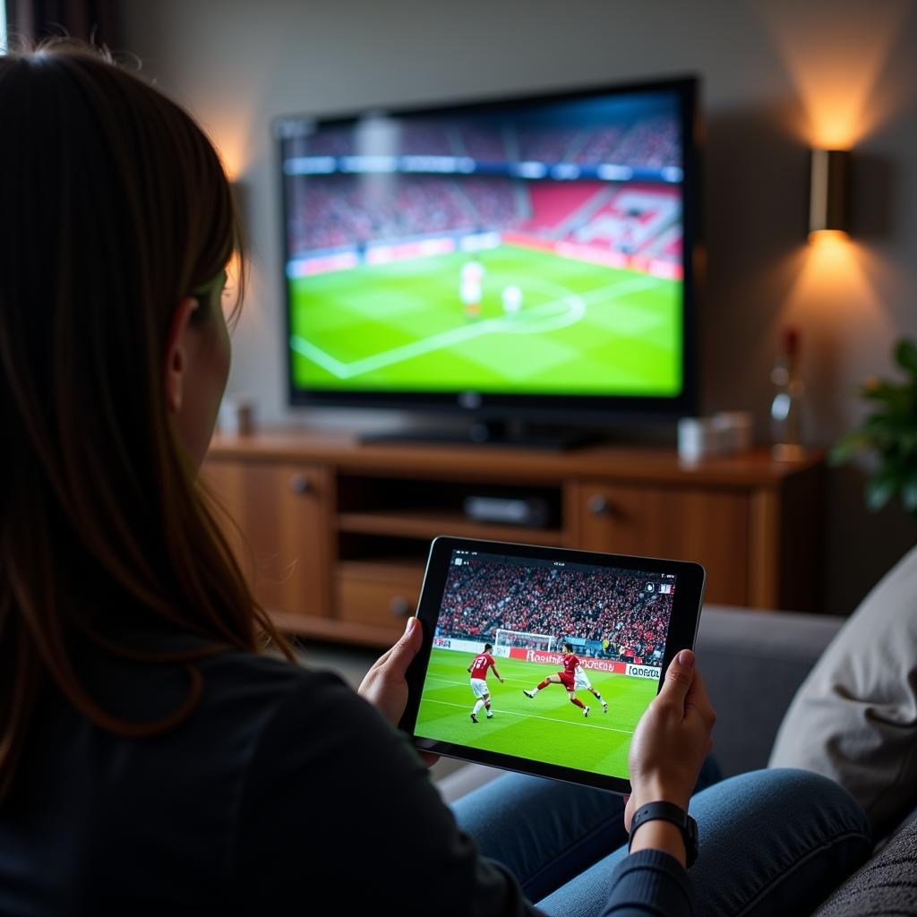 A football fan checks live scores on a tablet while watching a match on TV.