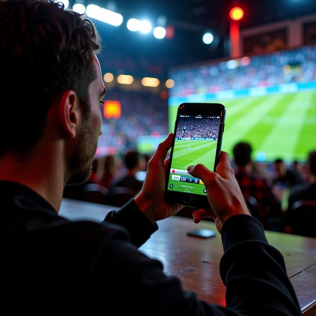 Football Fan Checking Live Scores on Smartphone