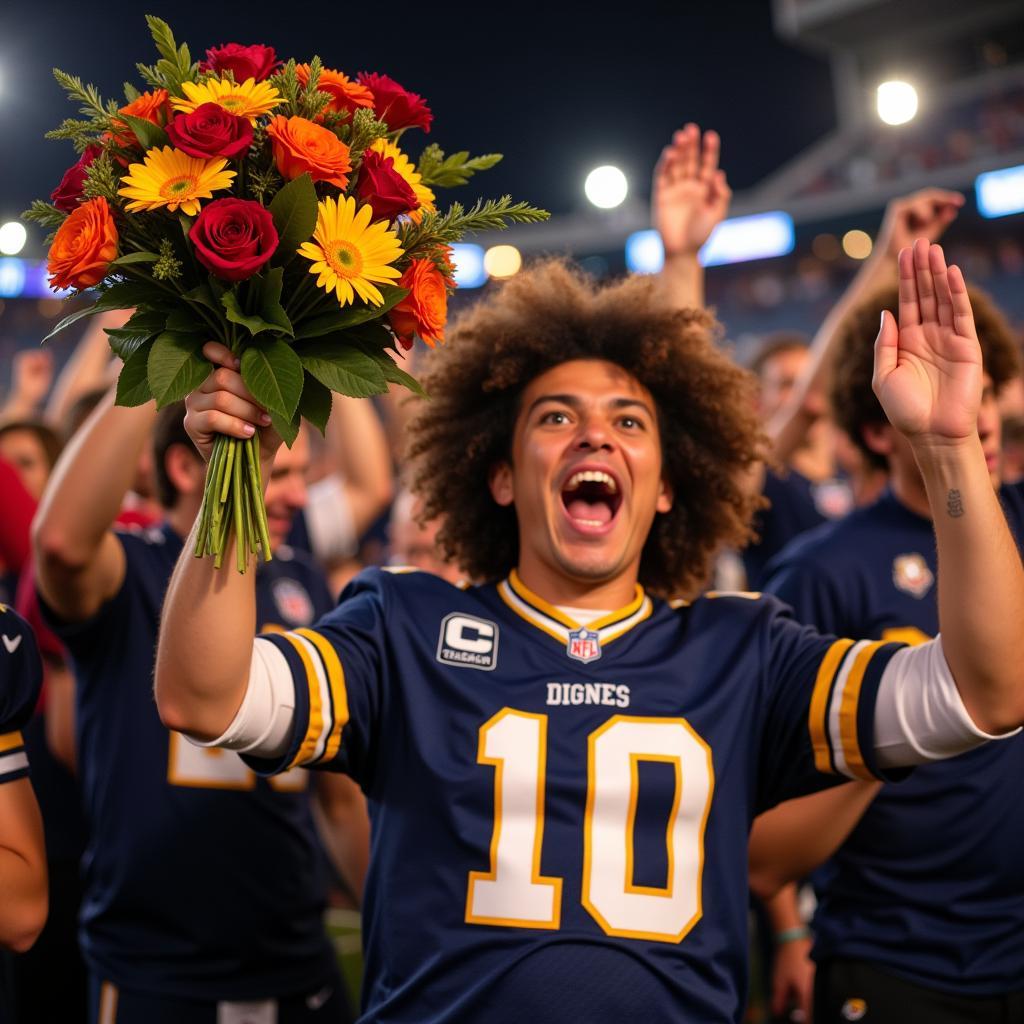 A football fan with a floral arrangement in team colors