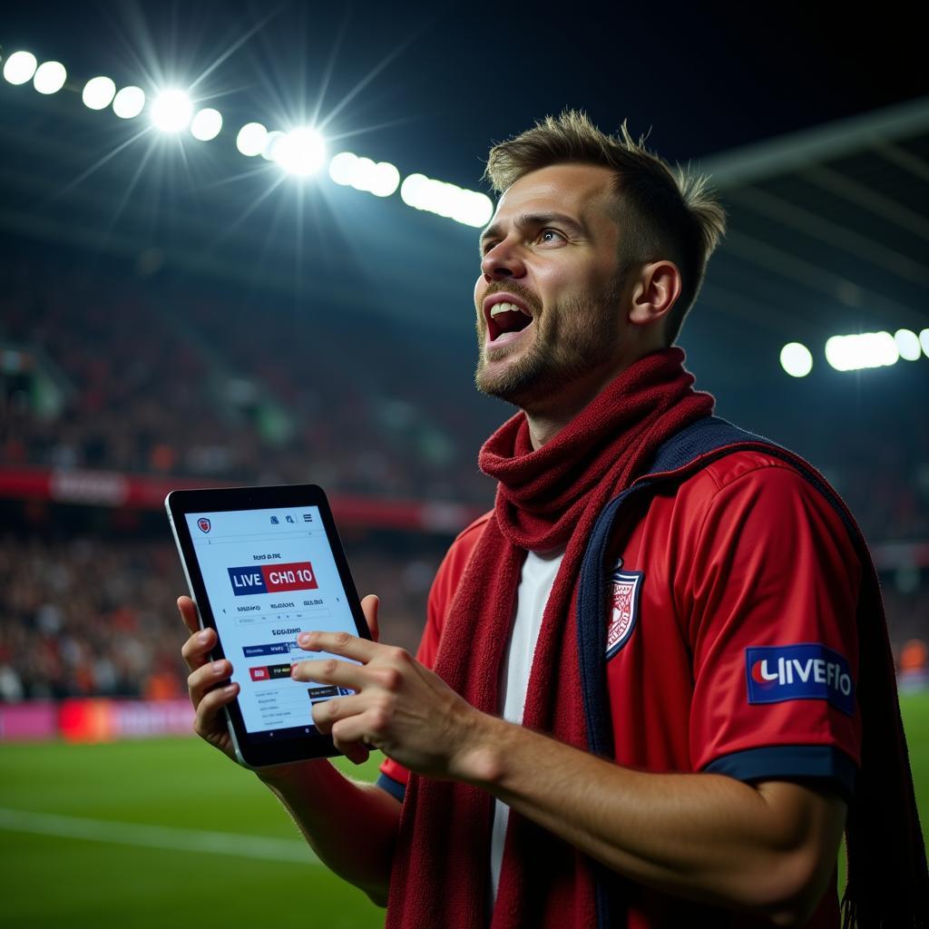 Football Fan Watching Live Scores on Tablet