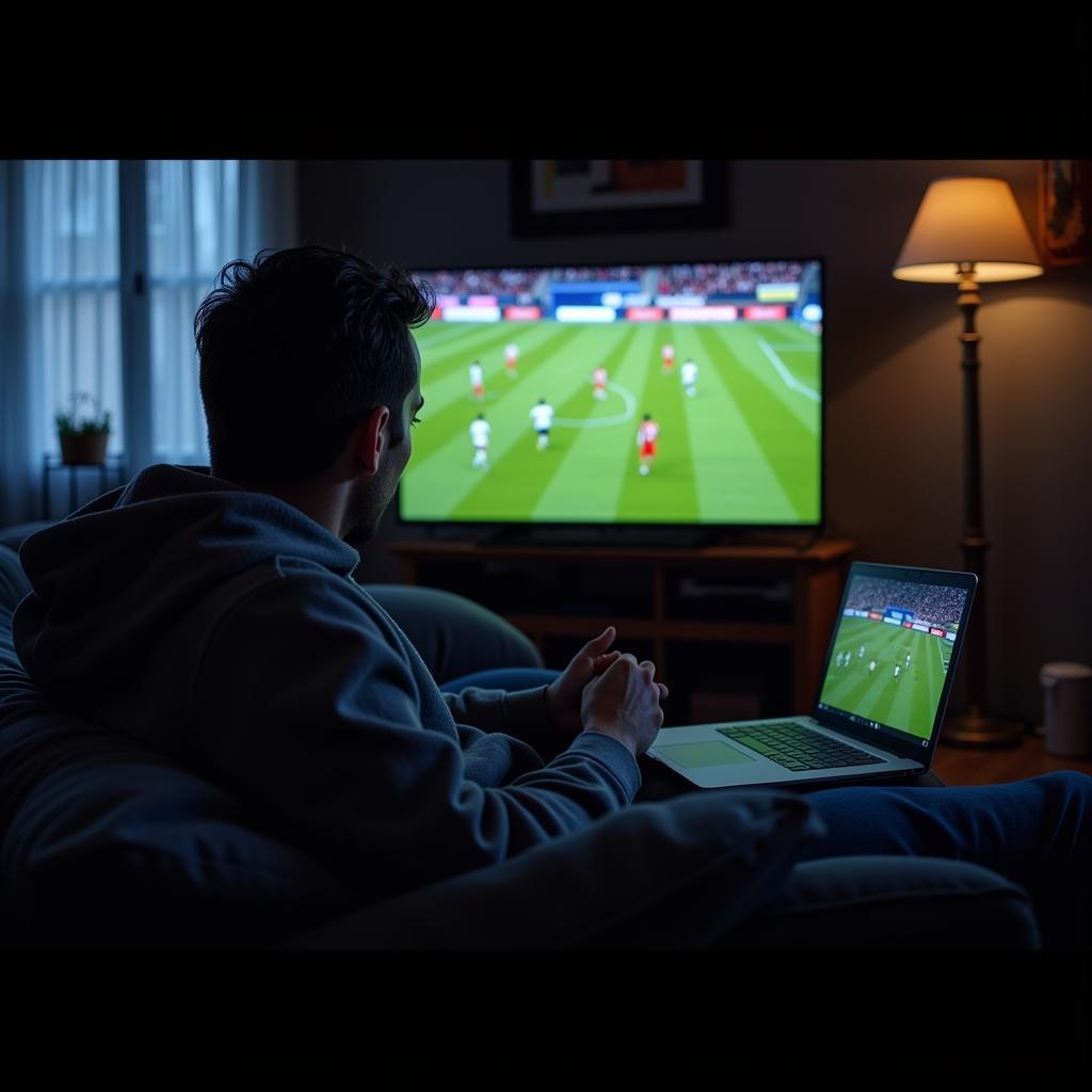 A Football Fan Engrossed in Watching a Live Stream on his Laptop