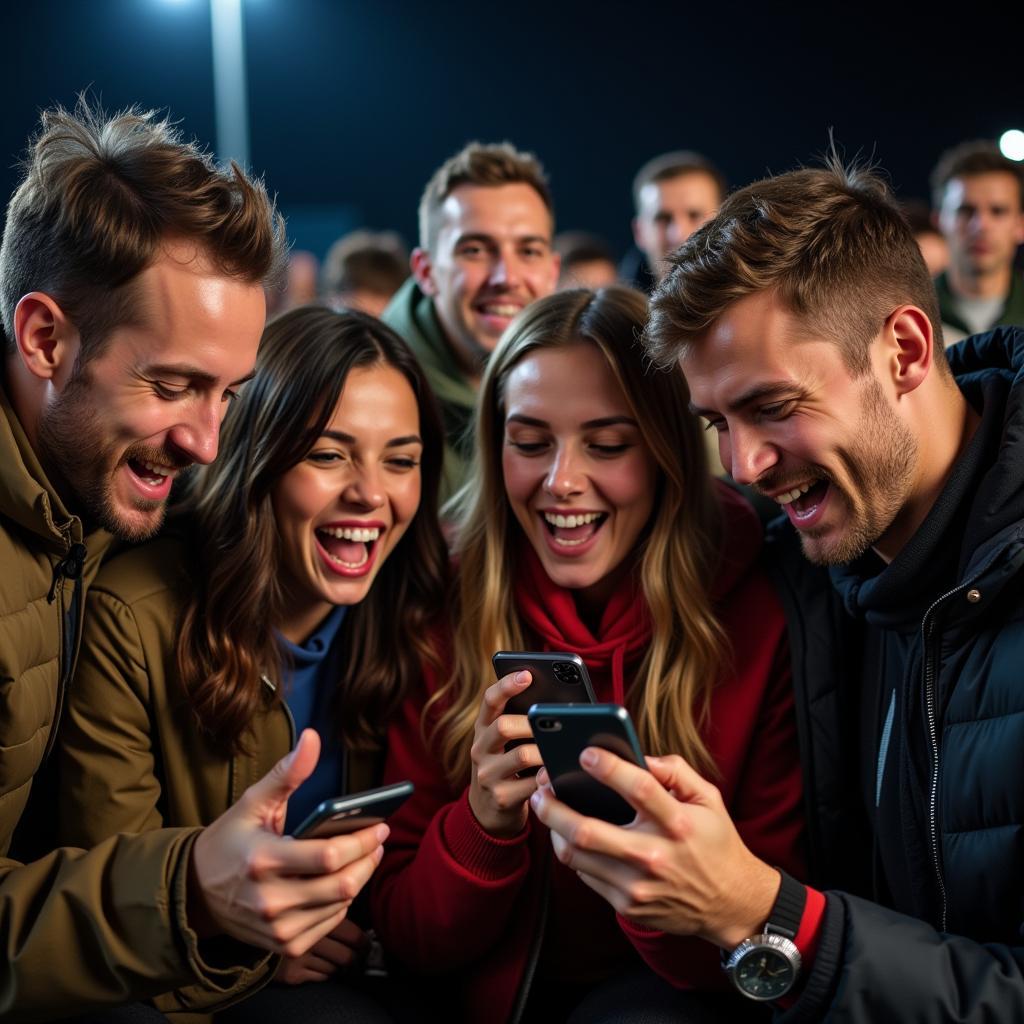 Excited Fans Checking Live Scores During a Friendly Match